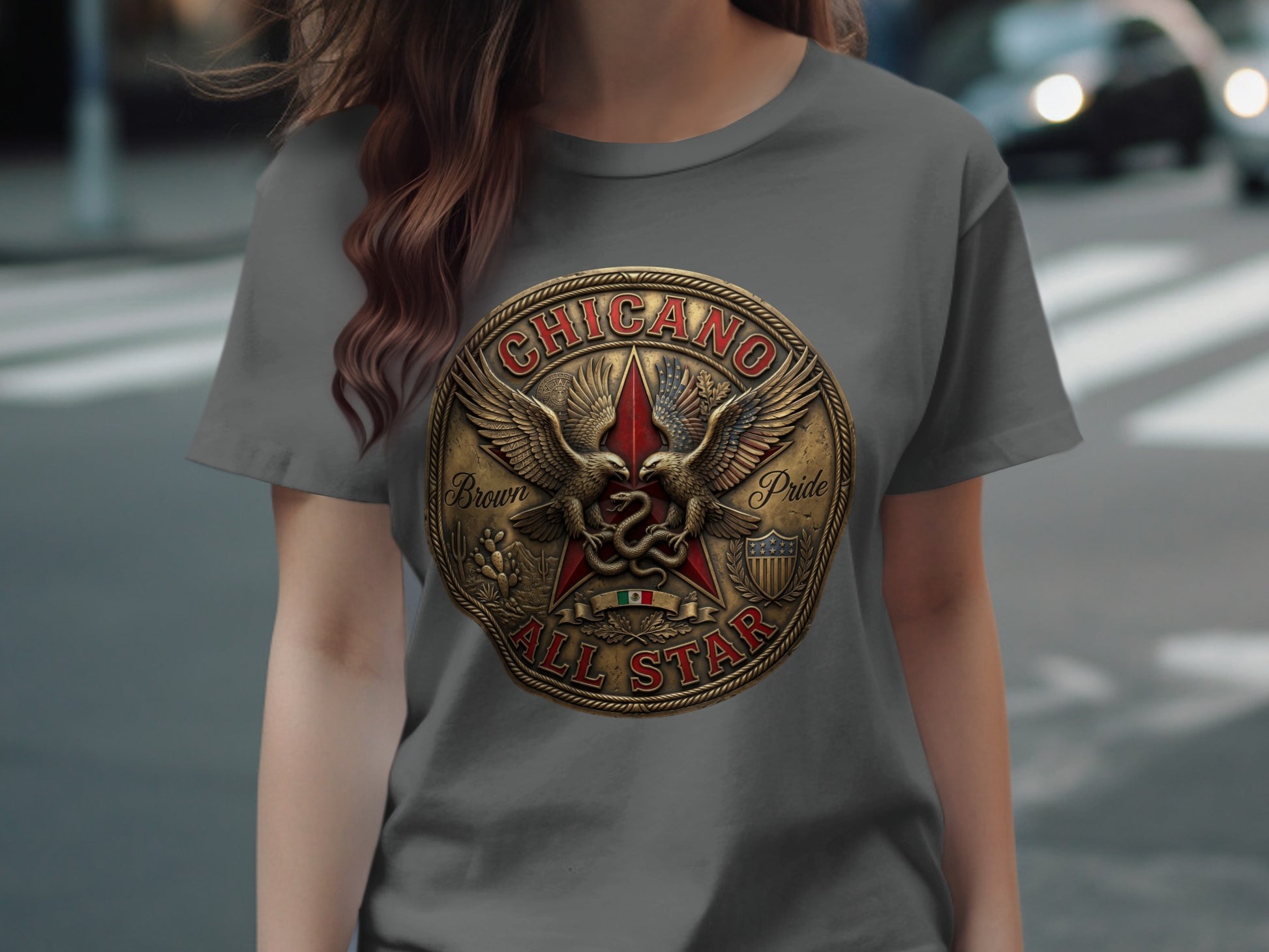 Circular "CHICANO ALL STAR" emblem with eagles, stars, and a snake.