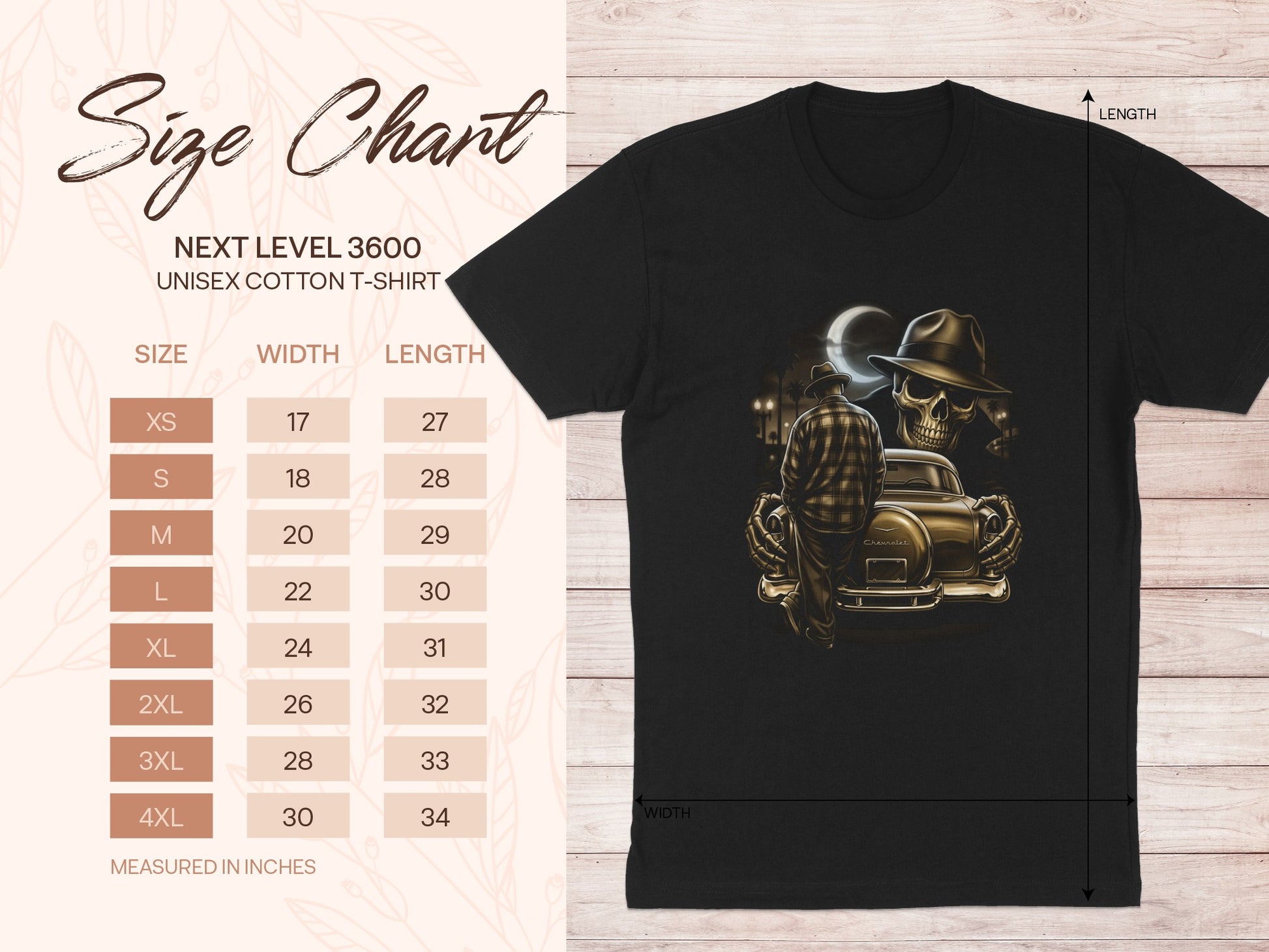 Size chart for Next Level 3600 unisex cotton t-shirt with measurements in inches.
