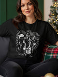 Woman wearing t-shirt with graphic of women in hats, 
