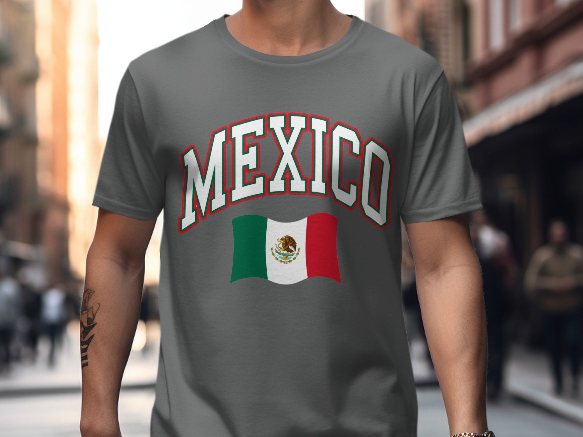 Gray t-shirt with "MEXICO" text and Mexican flag graphic.