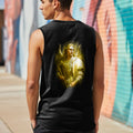 Black tank top with a golden angel graphic on the back.