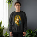 Man wearing black sweatshirt with Madonna and child Jesus print.