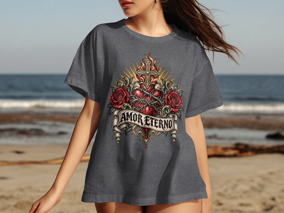 Dark grey t-shirt with graphic of heart, roses, cross, and text "Amor Eterno."