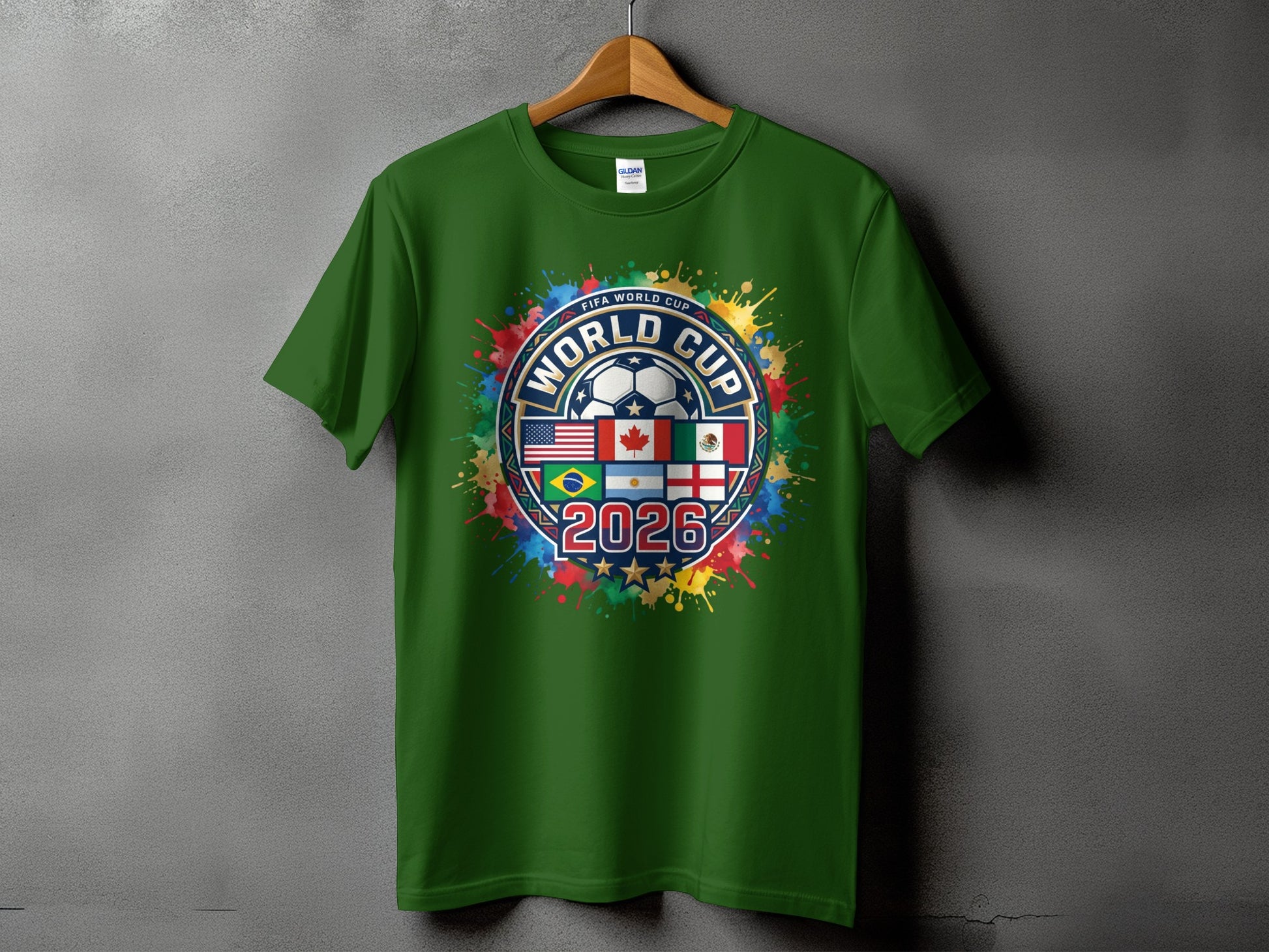 Green t-shirt with FIFA World Cup 2026 logo and flags.