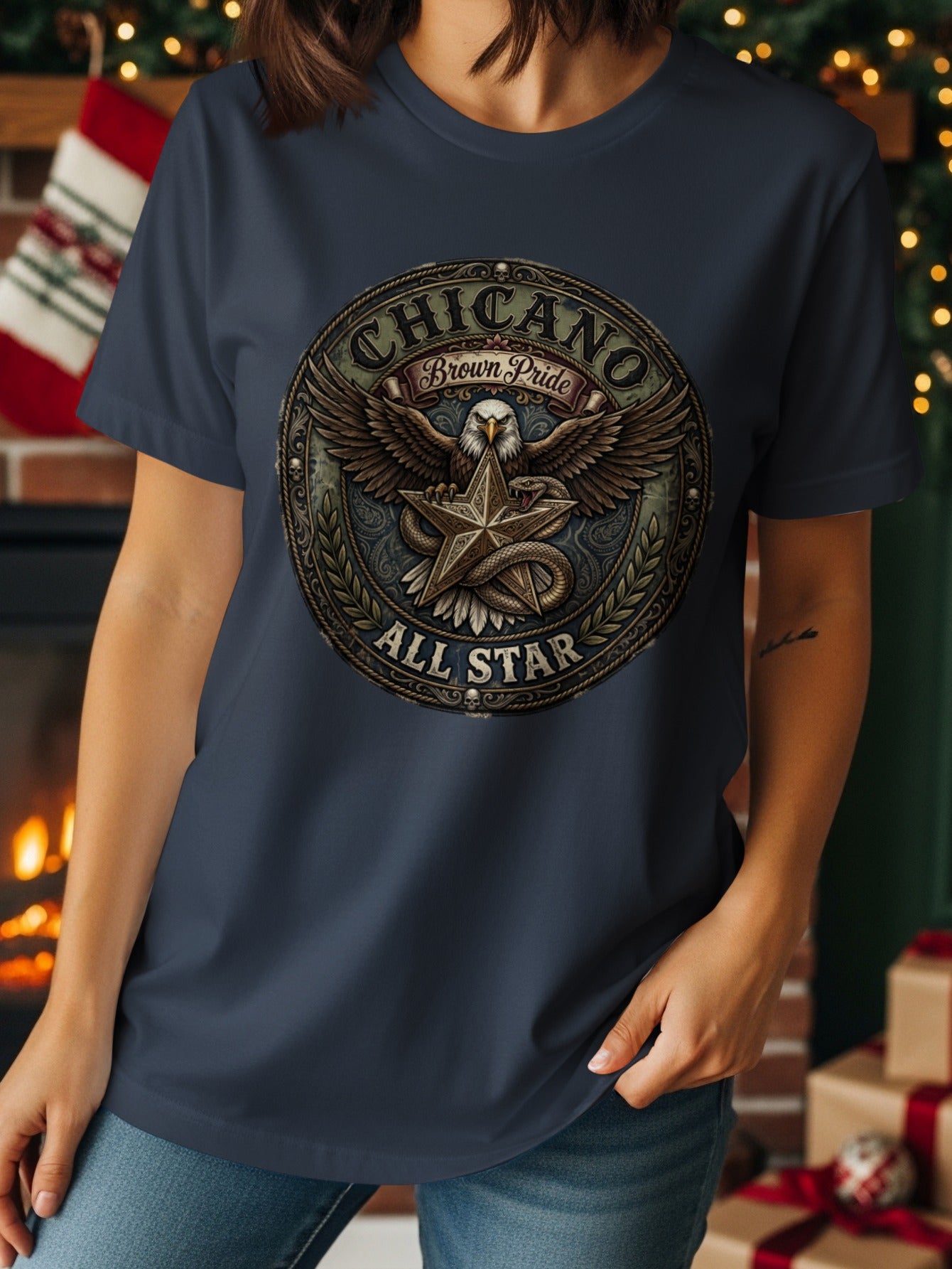 Navy t-shirt with "CHICANO Brown Pride ALL STAR" emblem featuring eagle and snake.