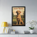 Labrador Retriever poster with dog sitting in a grassy field.
