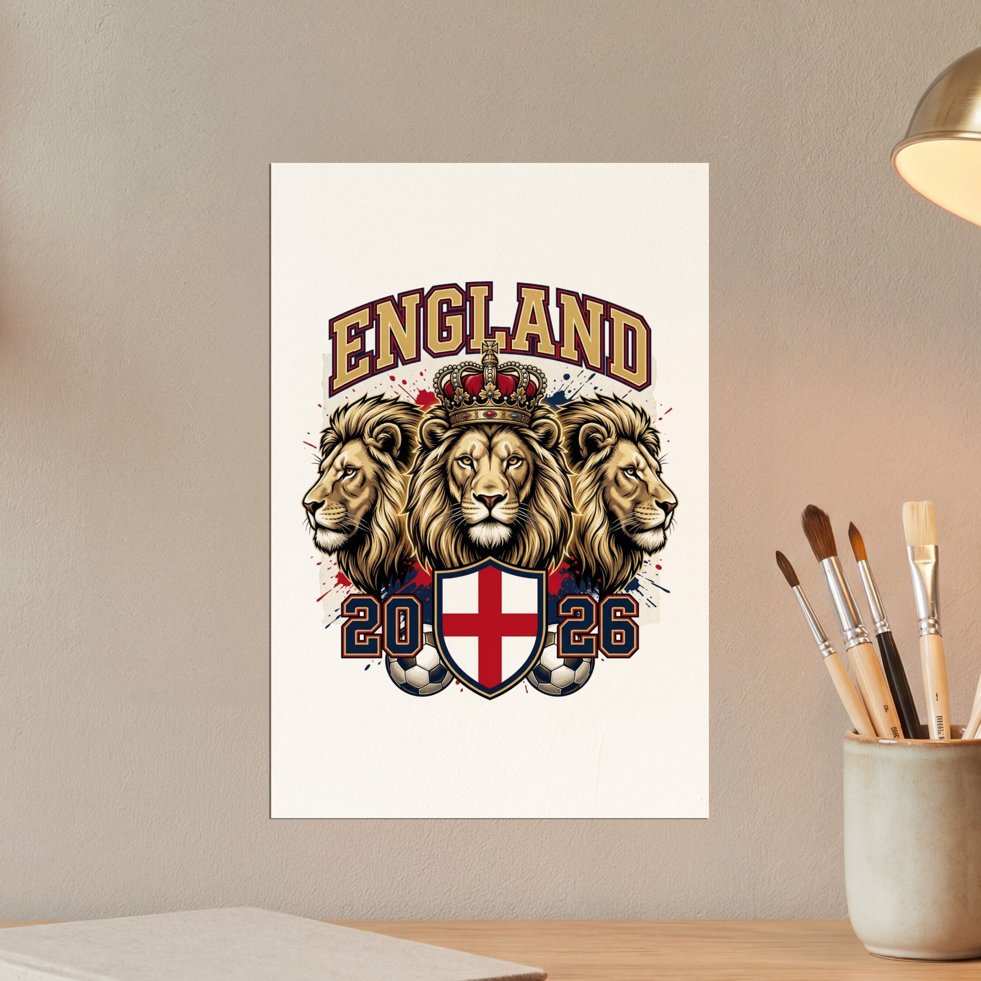 England 2026 lions crest with soccer balls and shield.