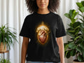Black t-shirt featuring a Sacred Heart with sword, surrounded by roses.