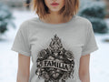 T-shirt with tattoo-style heart, roses, cross, flames, and 