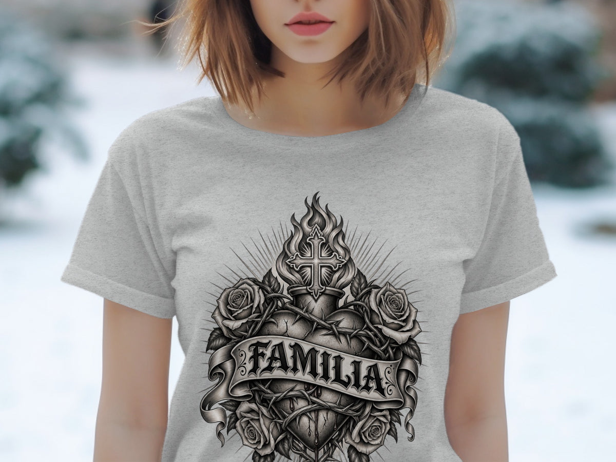 T-shirt with tattoo-style heart, roses, cross, flames, and "FAMILIA" banner.
