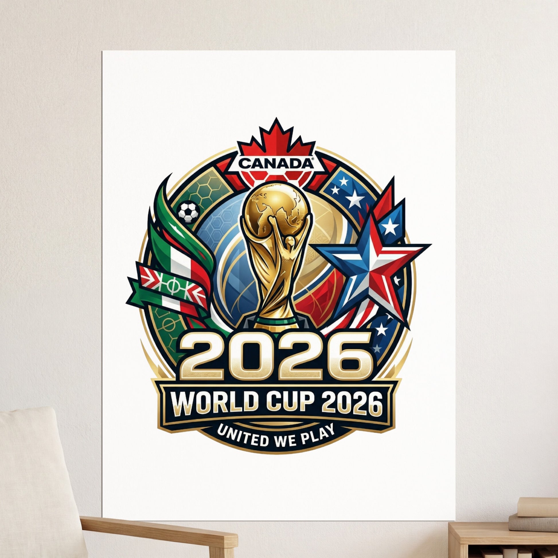 2026 World Cup Canada United We Play logo with globe and flags.