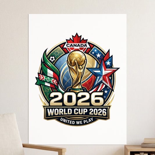 2026 World Cup Canada United We Play logo with globe and flags.