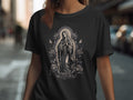 Black t-shirt with classic Virgin Mary artwork surrounded by roses.