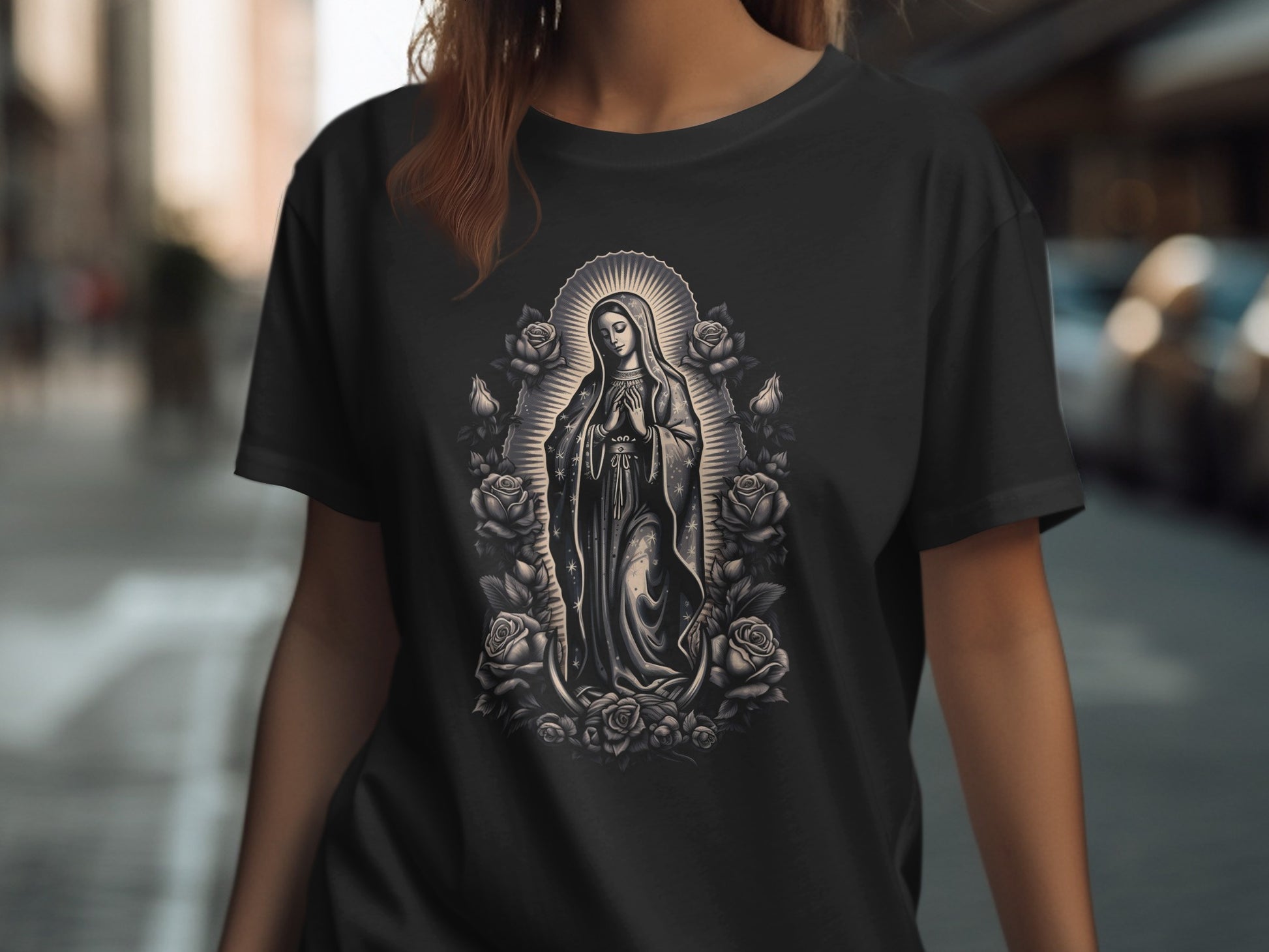 Black t-shirt with classic Virgin Mary artwork surrounded by roses.