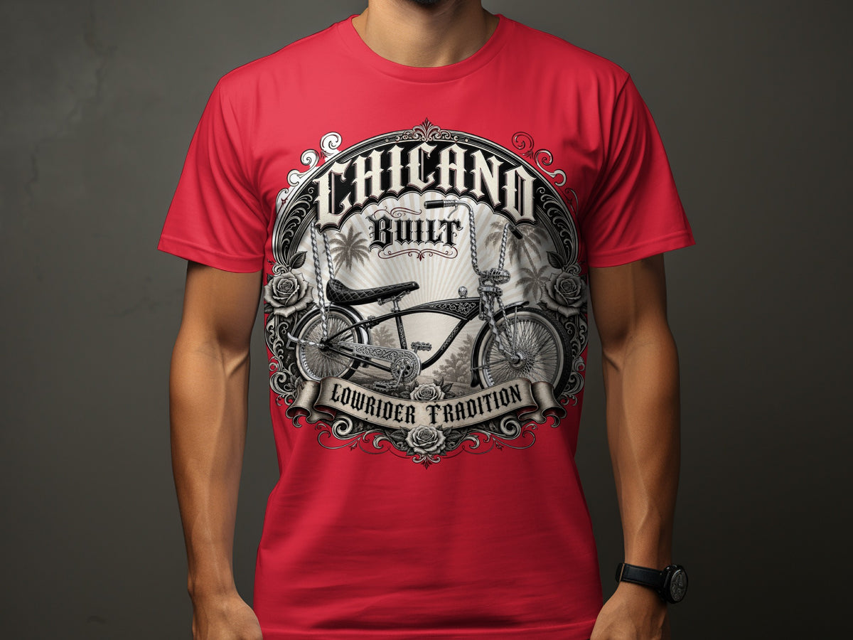 Chicano Built lowrider tradition graphic on a red t-shirt.