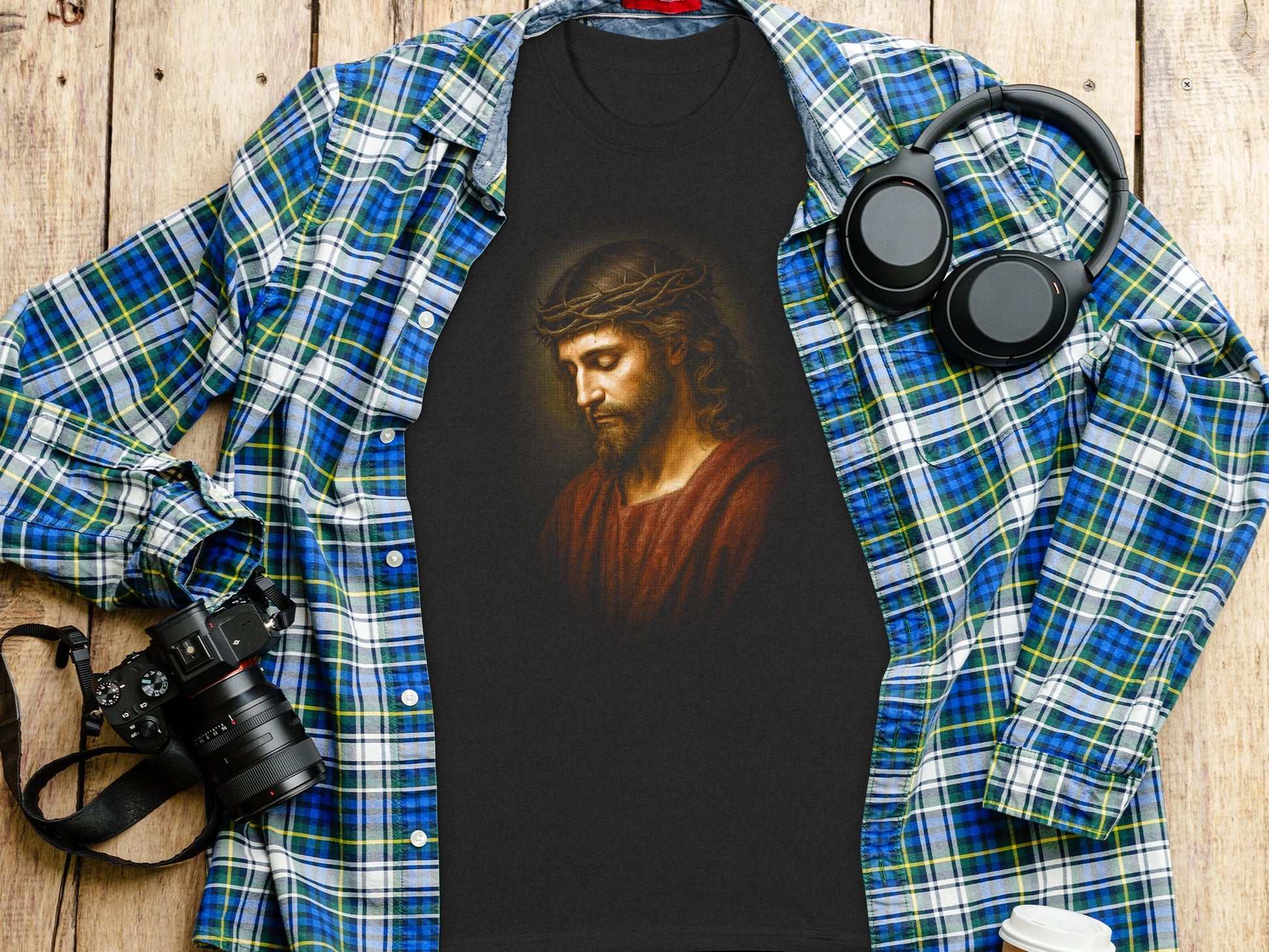 Black t-shirt with Jesus Christ wearing a crown of thorns.