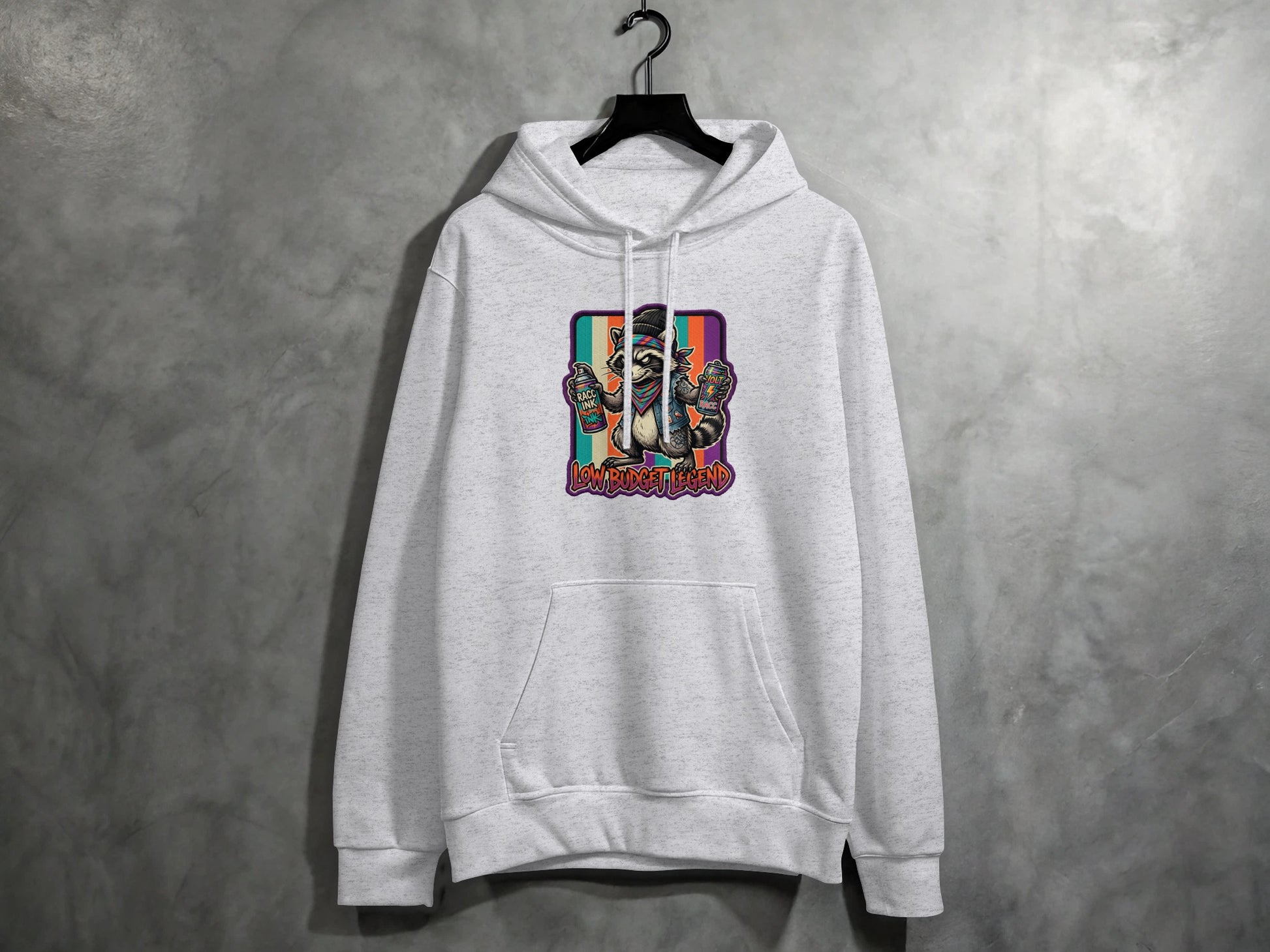 Light grey hooded sweatshirt with cartoon raccoon graphic and text "LOW BUDGET BLEND".
