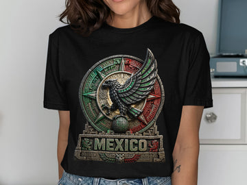Black t-shirt with Aztec eagle emblem and "MEXICO" text.