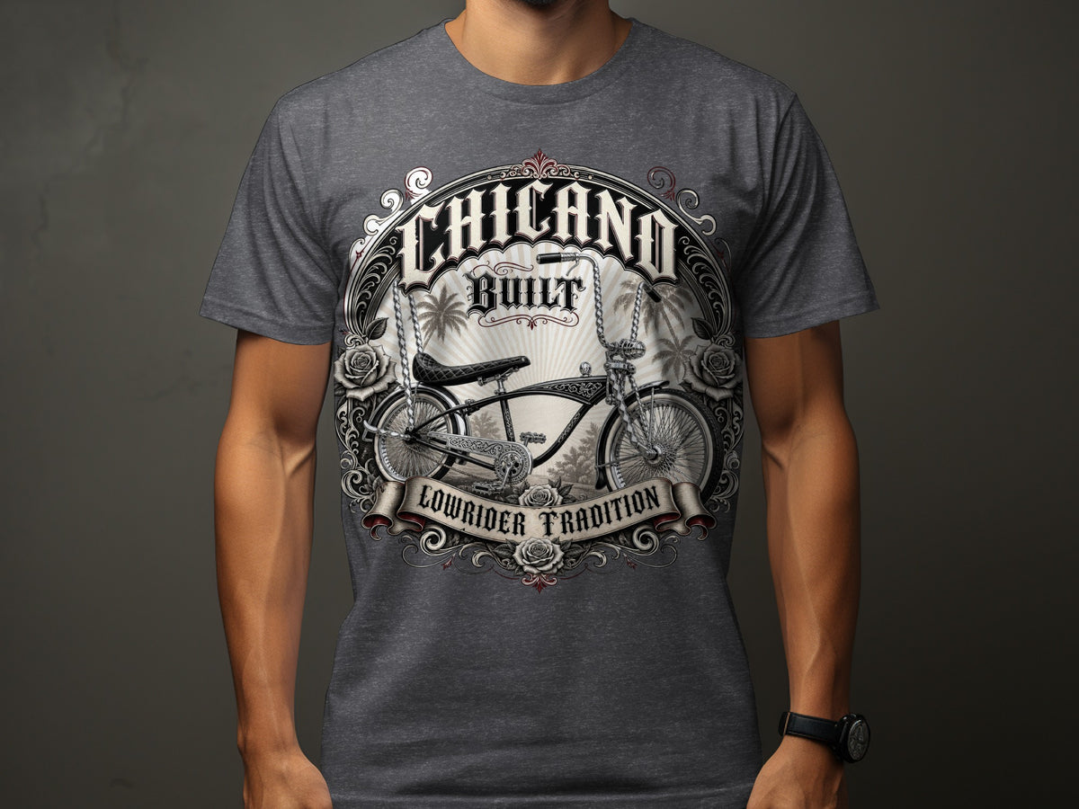 T-shirt with "Chicano Built Lowrider Tradition" graphic featuring a lowrider bicycle.