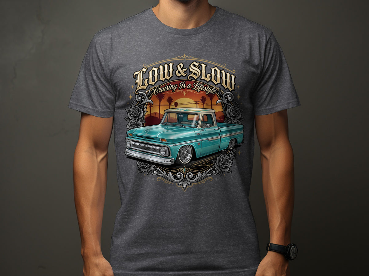 Teal classic Chevrolet truck with "Low & Slow Cruising Is A Lifestyle" text and roses.