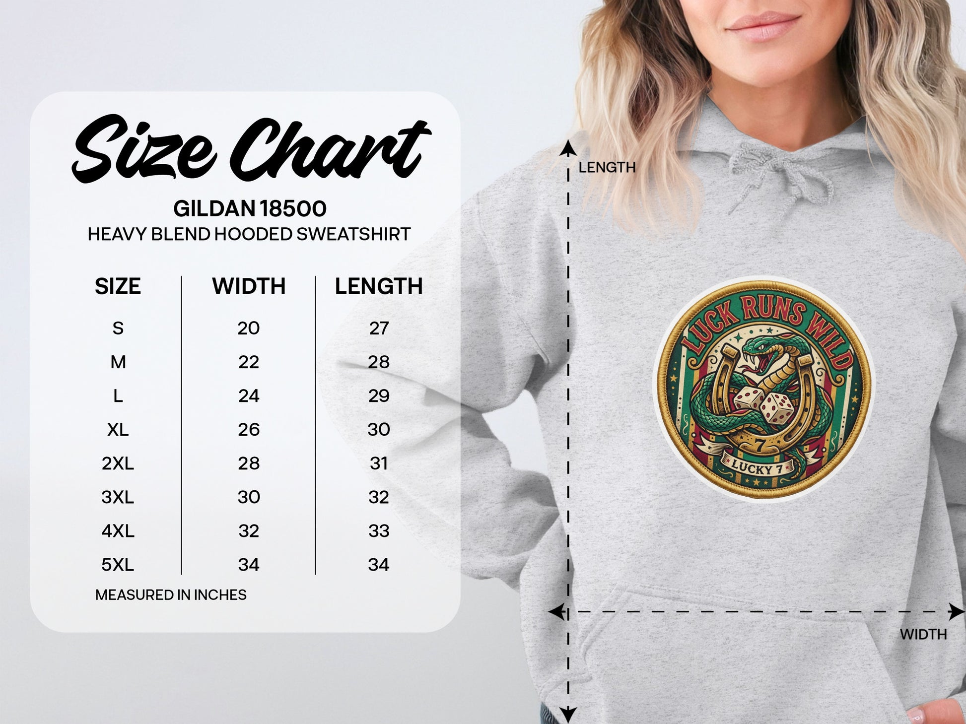Gildan 18500 size chart for hooded sweatshirts, showing width and length measurements in inches.