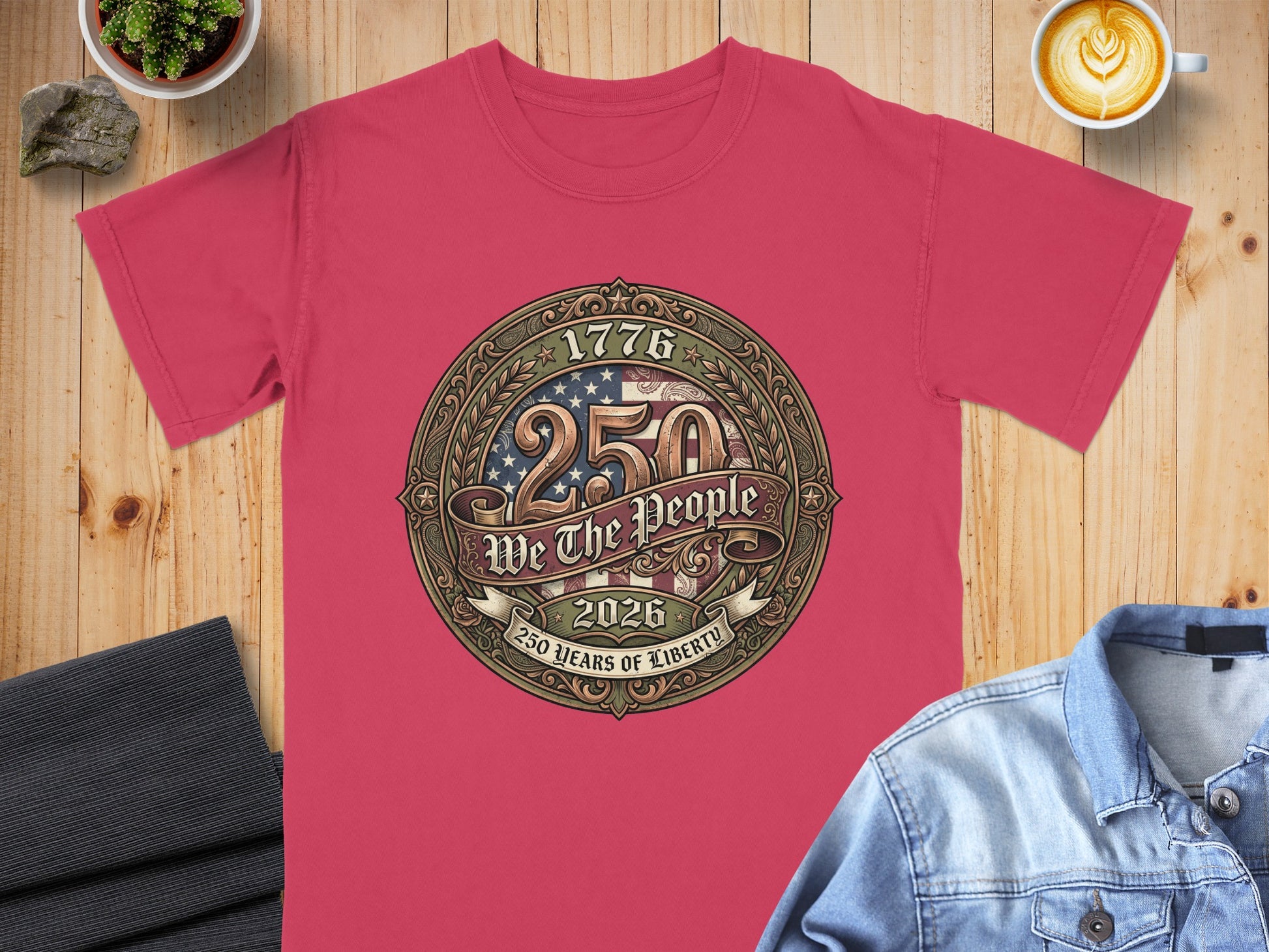 Red t-shirt with "We The People 1776-2026 250 Years of Liberty" graphic.