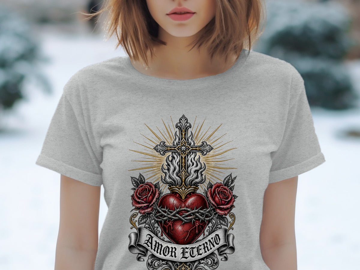Grey t-shirt with a religious graphic of a heart, roses, cross, and text "AMOR ETERNO".