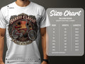 Gildan 5000 heavy cotton t-shirt with a red lowrider bicycle graphic and size chart.
