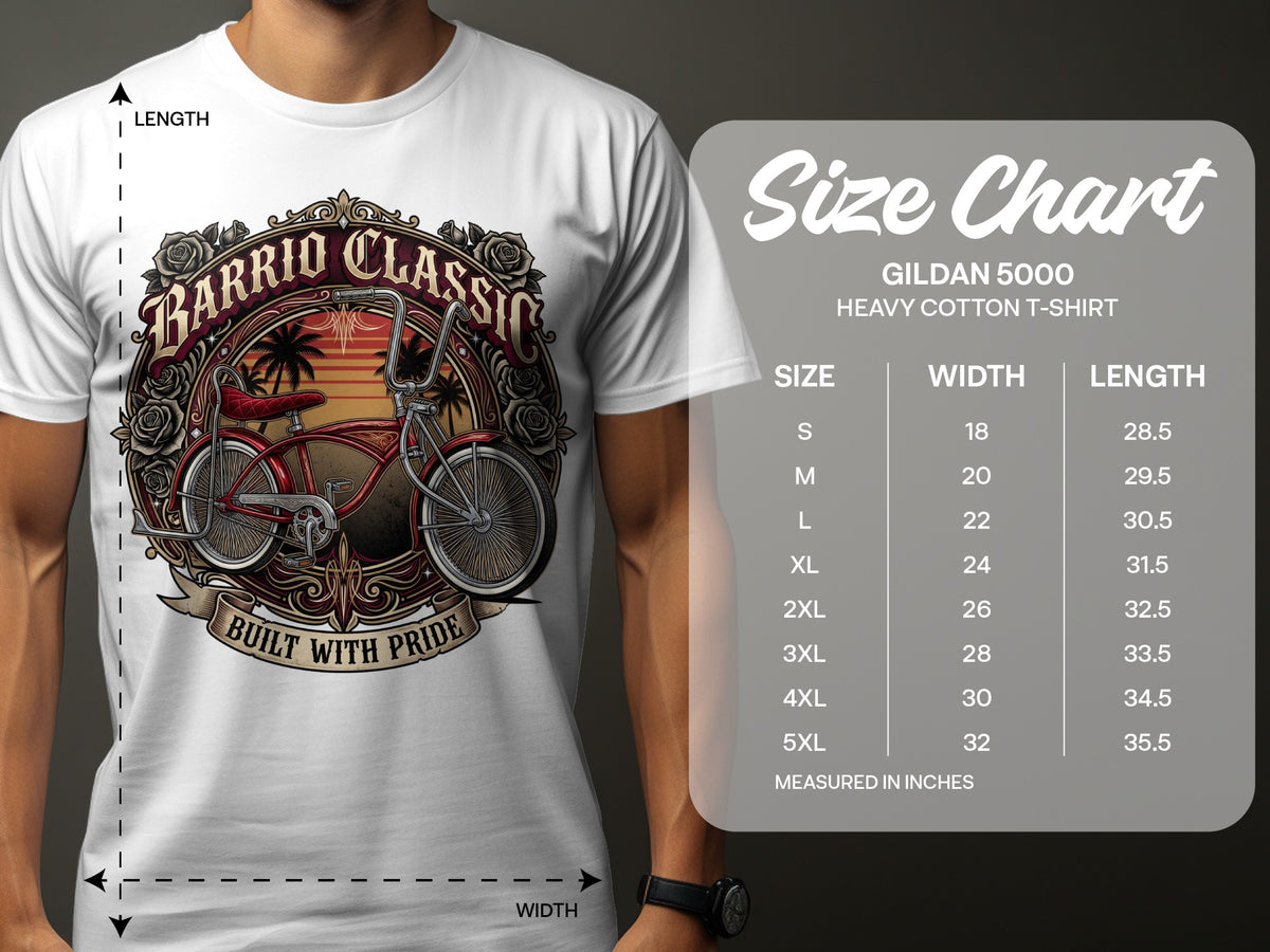 Gildan 5000 heavy cotton t-shirt with a red lowrider bicycle graphic and size chart.