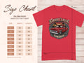 Gildan 5000 Heavy Cotton T-shirt size chart and graphic of red classic truck.