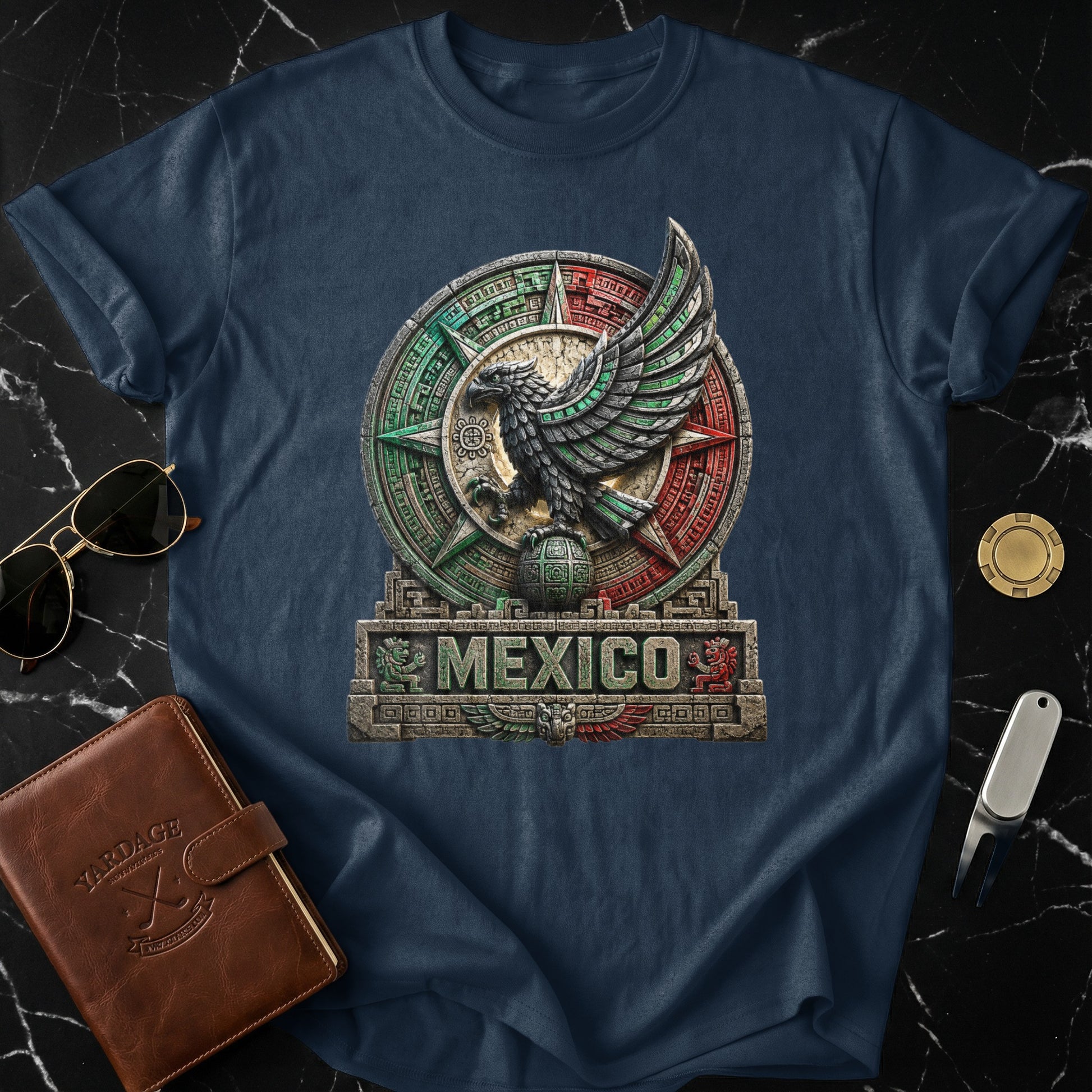 Navy t-shirt with Aztec eagle and "MEXICO" in ornate stone carvings.