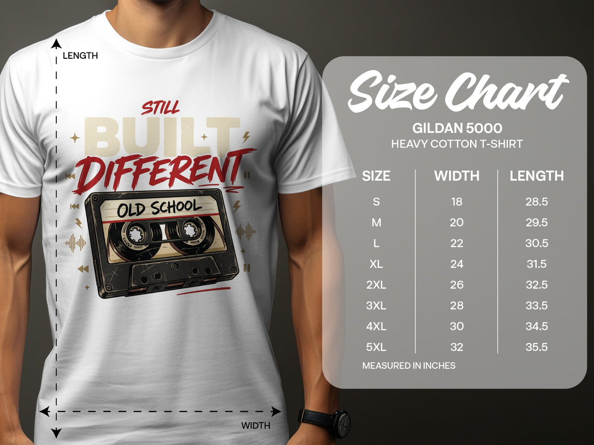 Gildan 5000 heavy cotton t-shirt size chart with width and length measurements.