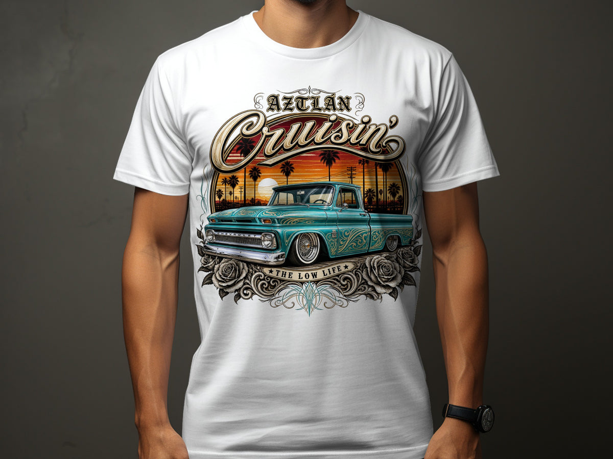 White t-shirt with "Aztlan Cruisin'" and a teal lowrider truck graphic.