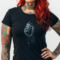 Black t-shirt with a graphic of a hand holding rosary beads.