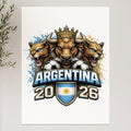 Argentina 2026 logo with bull and lions heads, soccer balls, and Argentinian flag.