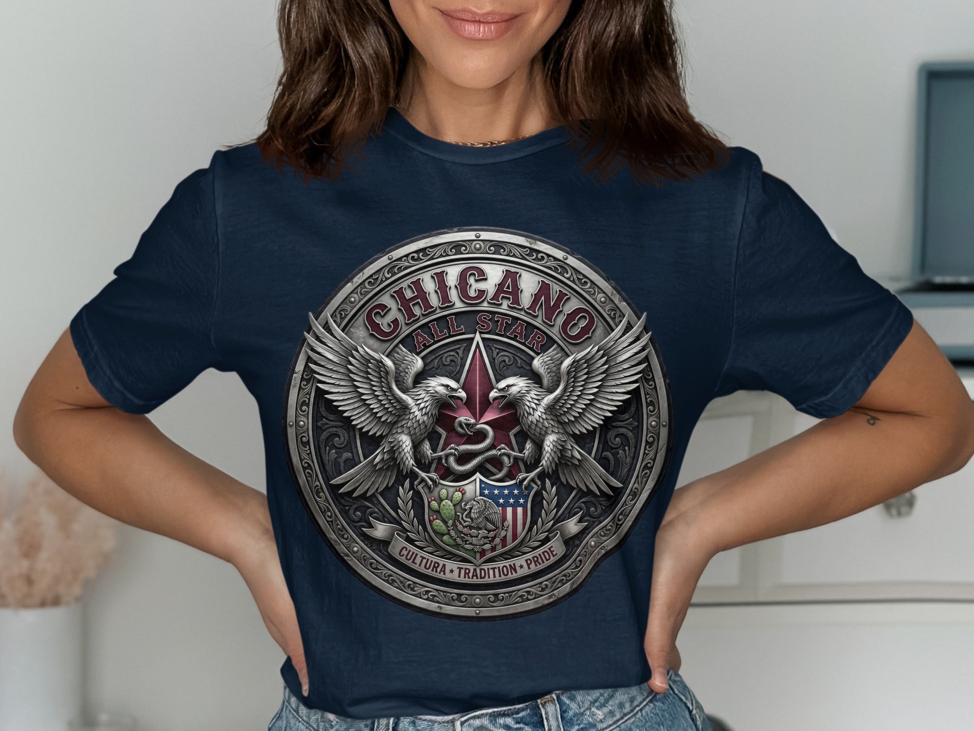 Chicano All Star Cultura Tradition Pride circular emblem with eagles and Mexican flag.