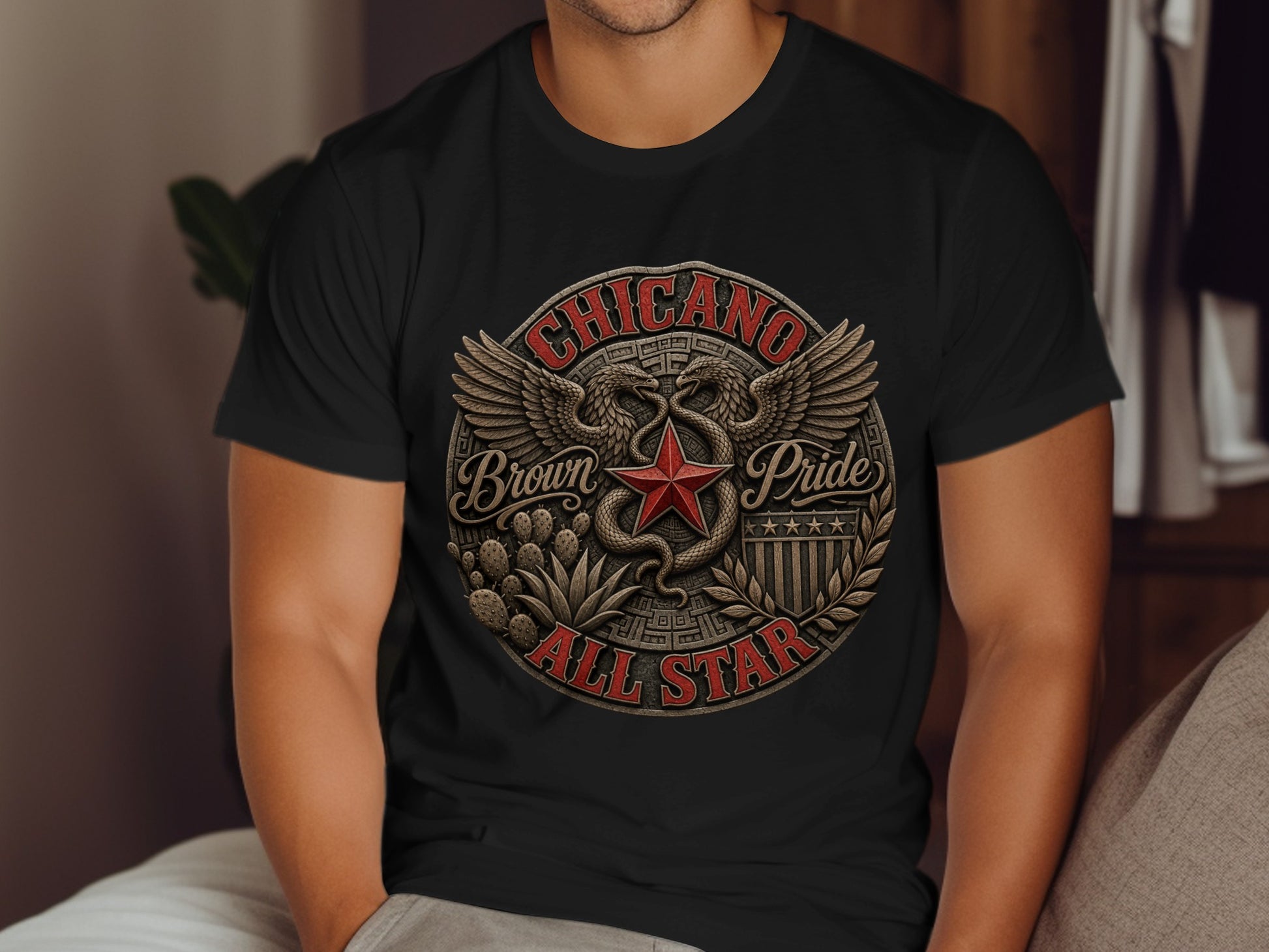 Black t-shirt with "Chicano Pride All Star" circular emblem featuring eagle, snake, and star.