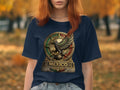 Navy t-shirt featuring a detailed coat of arms of Mexico on a stone monument.