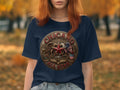 Navy t-shirt with a circular emblem featuring 