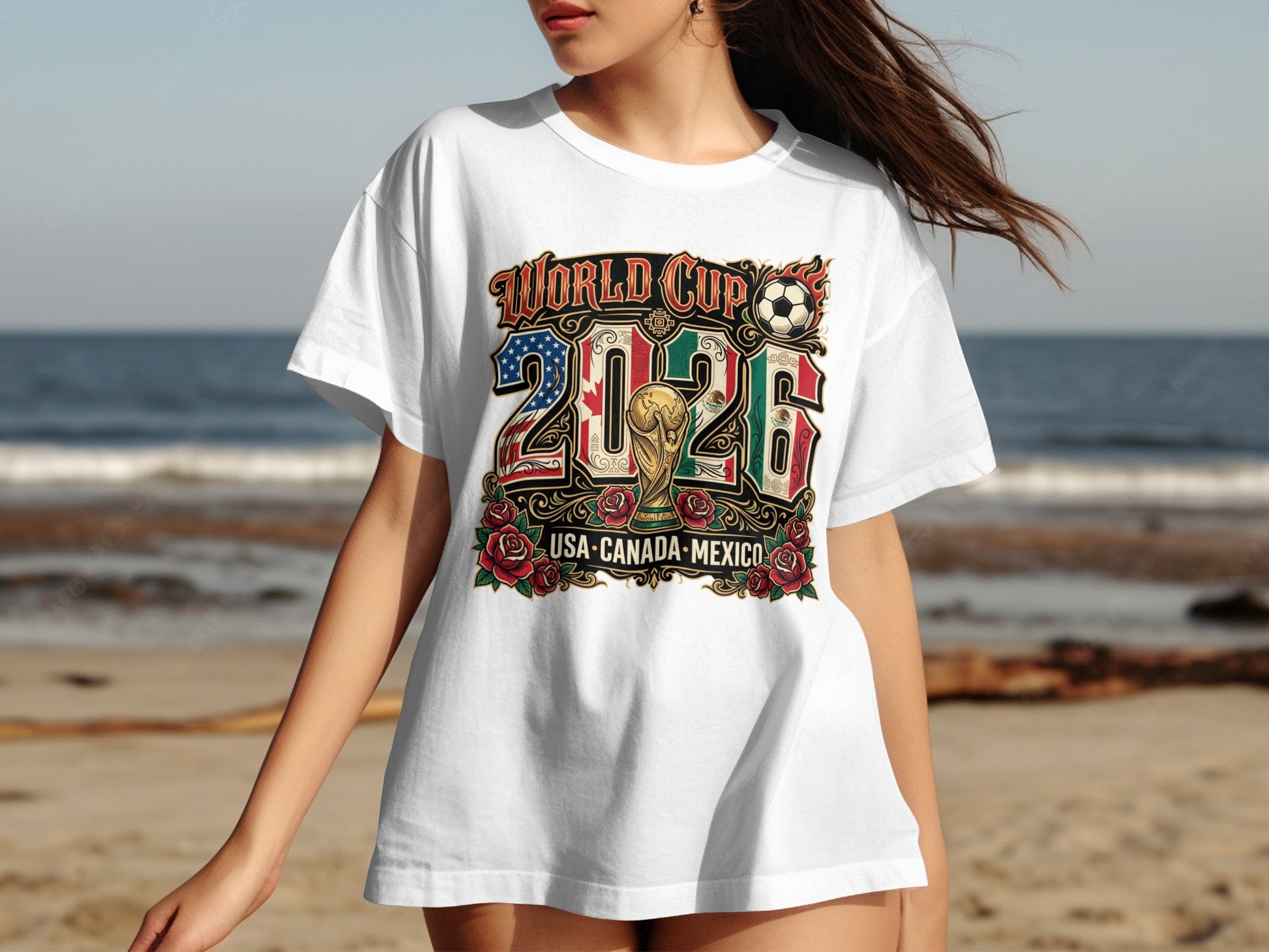 2026 World Cup USA-Canada-Mexico graphic with soccer ball and roses.