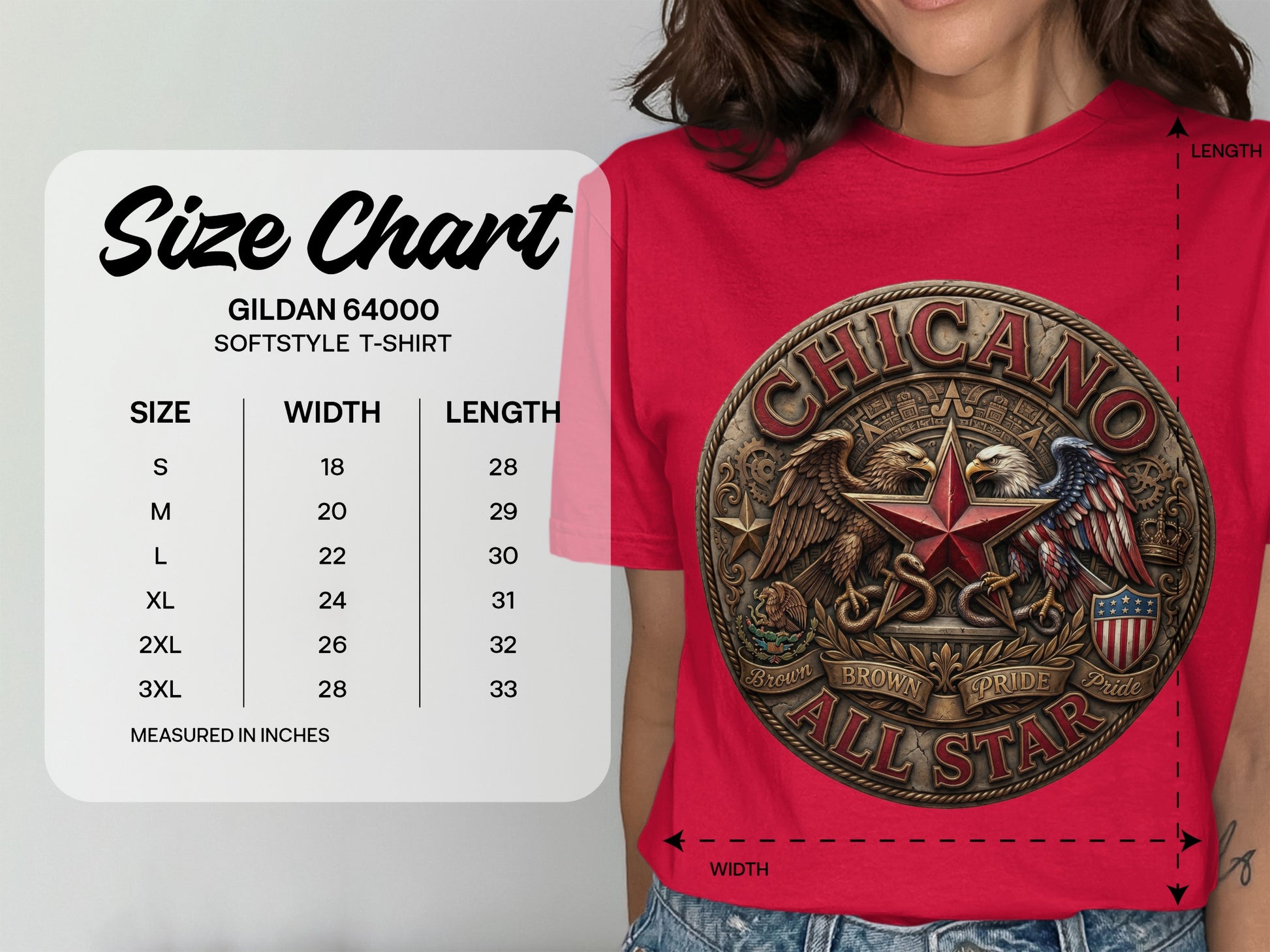 Gildan 64000 t-shirt size chart with chest width and length measurements.