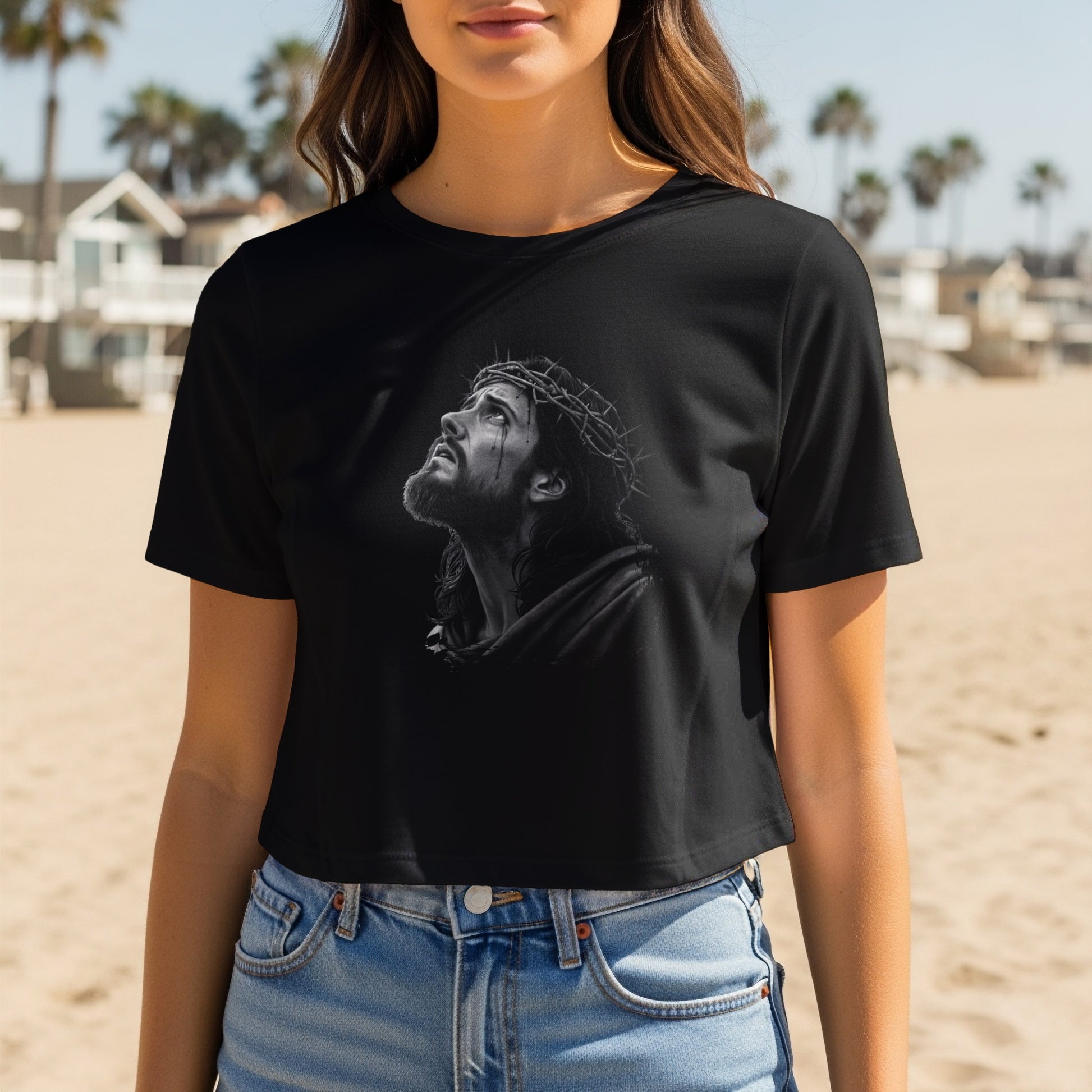 Black t-shirt with a Jesus Christ portrait wearing a crown of thorns.