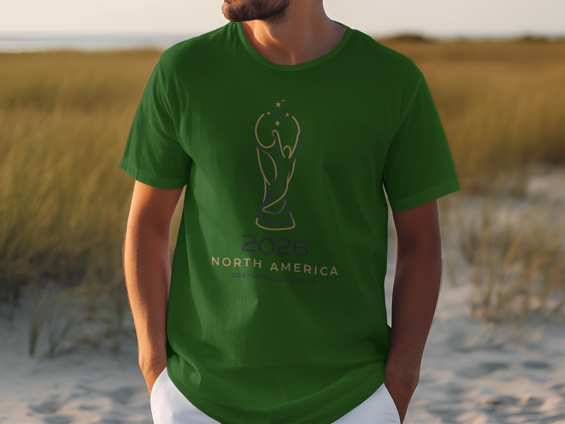 Green t-shirt with 2025 USA-Canada-Mexico trophy logo.