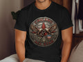 Black t-shirt featuring a circular emblem with eagles, snake, and 