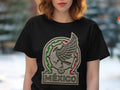 Black t-shirt with a circular green, silver, and red Mexico soccer team logo.
