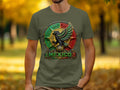 Green t-shirt with a circular emblem featuring an eagle, sun, and 