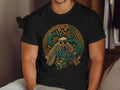 Black t-shirt with Aztec pyramid and feathered serpent graphic.