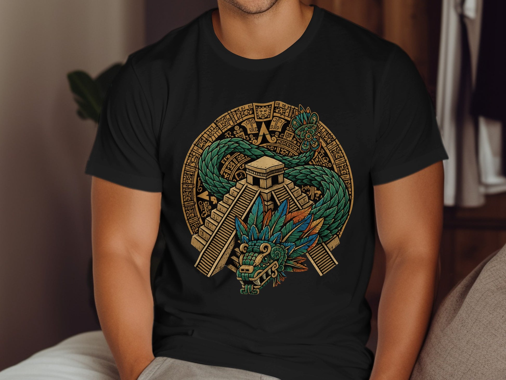 Black t-shirt with Aztec pyramid and feathered serpent graphic.