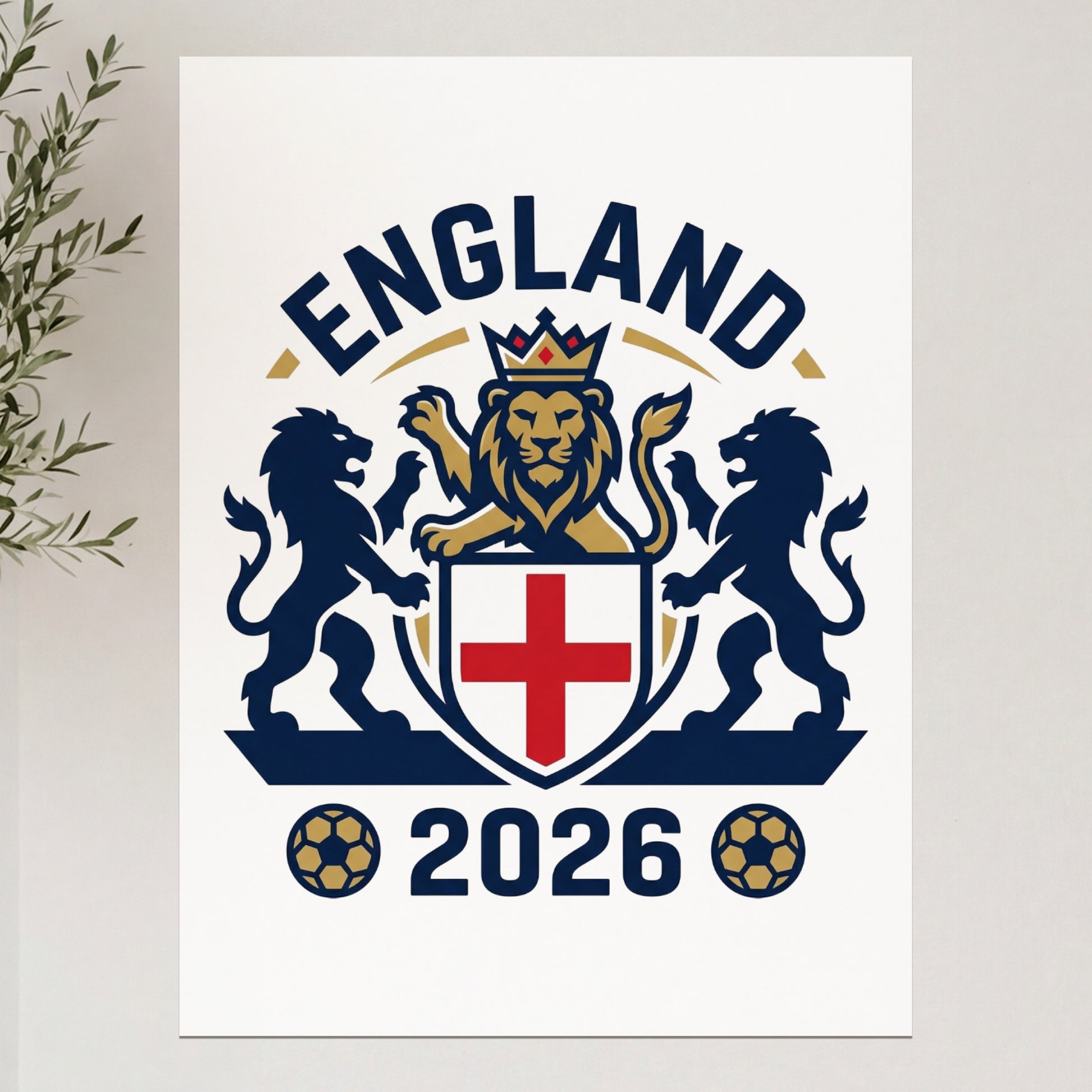 England crest with lions, cross, crown, and "2026" text.