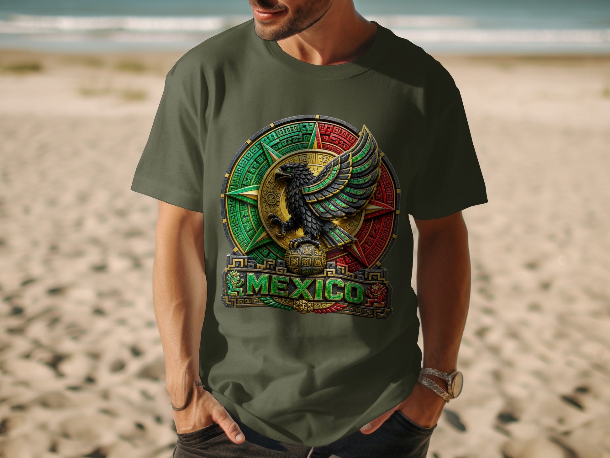 Man wearing olive green t-shirt with Mexican eagle emblem.